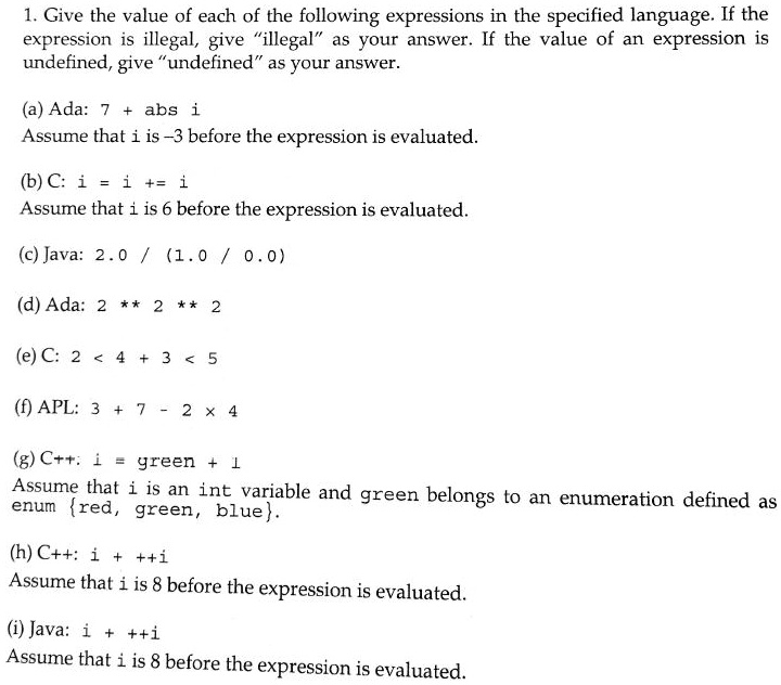 VIDEO solution: a. Ada: 7 + abs(-3) b. C: i = i + i c. Java: 2.0 / 1.0 ...