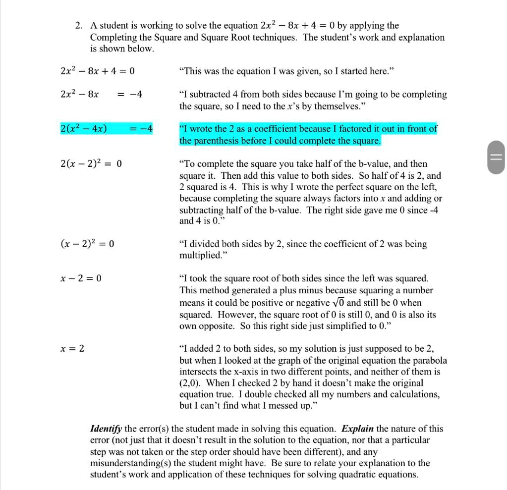 A Student Is Working To Solve The Equation 2x 2 8x 4 0 By a-student-is-working-to-solve-the-equation-2x-2-8x-4-0-by