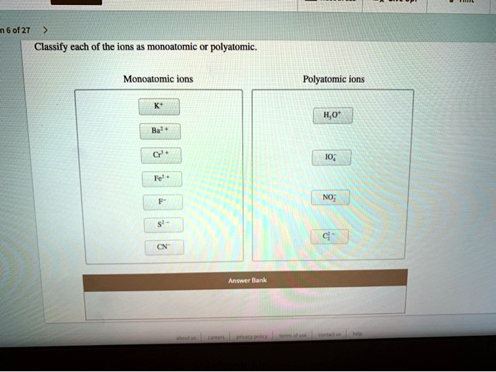 Solved Text N 6 Of 27 Classify Each Of The Ions As Monoatomic Or Polyatomic Monoatomic Ions 0732