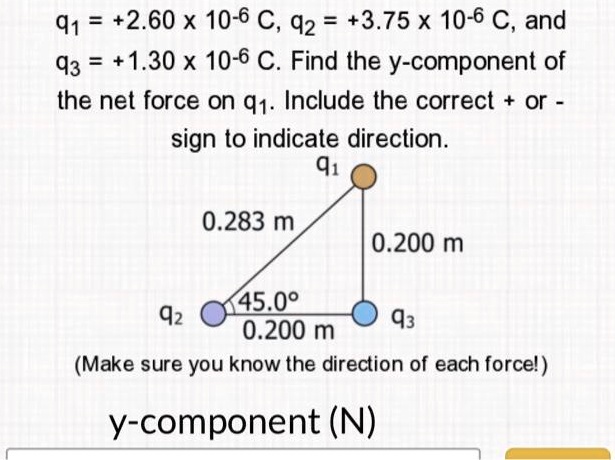 q1 = +2.60 x 10^-6 C, q2 = +3.75 x 10^-6 C, and q3 = +1.30 x 10^-6 C. Find the y-component of the net force on q1. Include the correct + or - sign to indicate direction.

q1
0.283 m
0.200 m
45.0°
q2
0.200 m
q3
(Make sure you know the direction of each force!)

y-component (N)