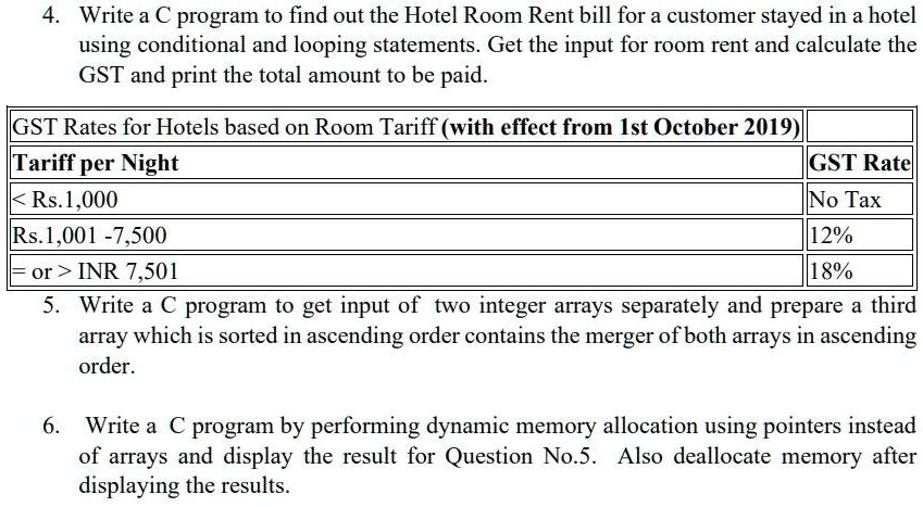 SOLVED: Write a C program to find out the Hotel Room Rent bill for a ...