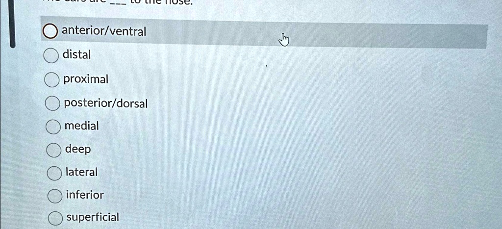 SOLVED: anterior/ventral distal proximal posterior/dorsal medial deep ...