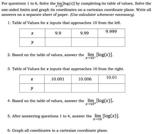 for questions to 6 solve thelimalogx by completing its table of values solve the one sided limits and graph its coordinates on cartesian coordinate plane write all answers on separate shee 15452