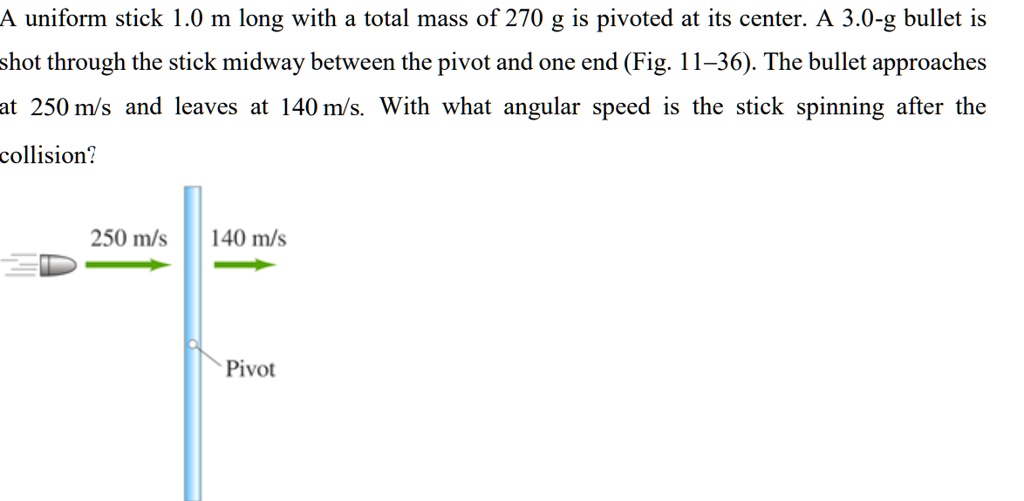 A uniform stick 1.0 m long with a total mass of 270 g is pivoted at its ...