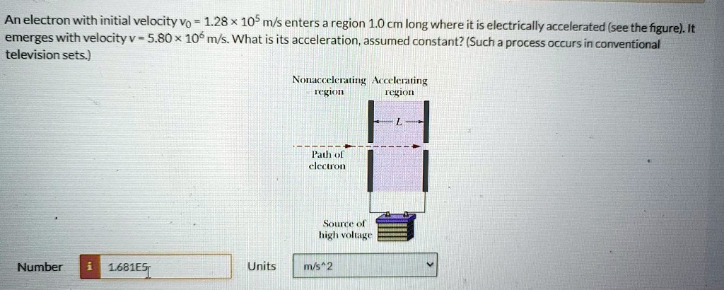 an electron with initial velocity vo 128 x 105 ms enters a region 10 cm ...