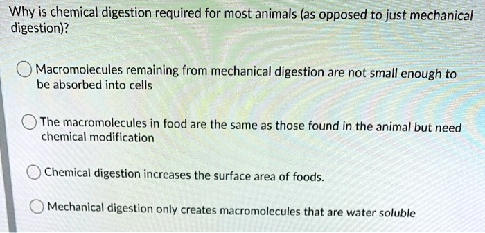 Why is chemical digestion required for most animals (as opposed to just mechanical digestion)?

Macromolecules remaining from mechanical digestion are not small enough to be absorbed into cells

The macromolecules in food are the same as those found in the animal but need chemical modification

Chemical digestion increases the surface area of foods.

Mechanical digestion only creates macromolecules that are water soluble