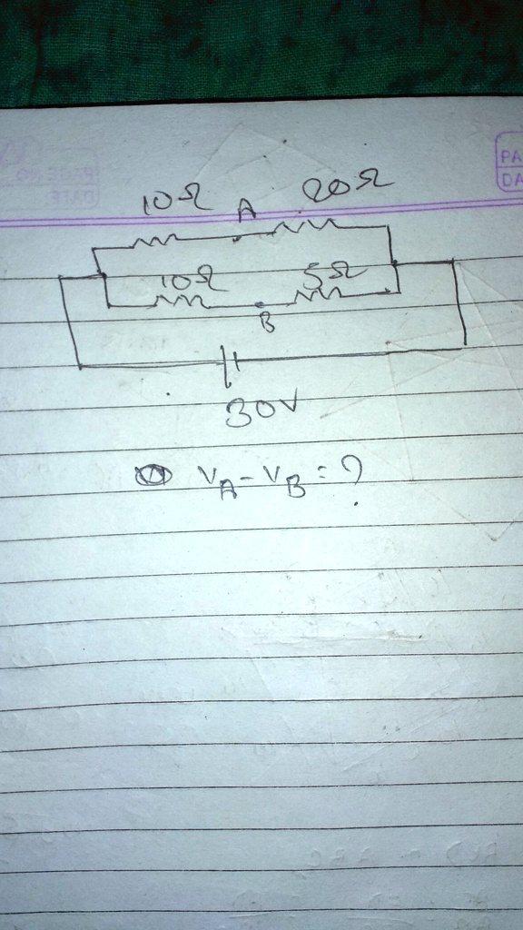 10ΩA   20Ω

.5

(0,0) to[R=10Ω] (2,0) to[R=5Ω] (4,0) to (4,1) to (0,1) to (0,0);
(2,0) to (2,-1) to[battery,l=30V] (4,-1) to (4,0);
(2,-1) node[ground];

 

VA - VB = ?