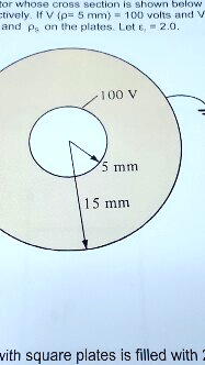 tor whose cross section is shown below
ctively. If V (p = 5 mm) = 100 volts and V
and ?? ?? on the plates. Let ?? = 2.0.
100 V
5 mm
15 mm
with square plates is filled with 2