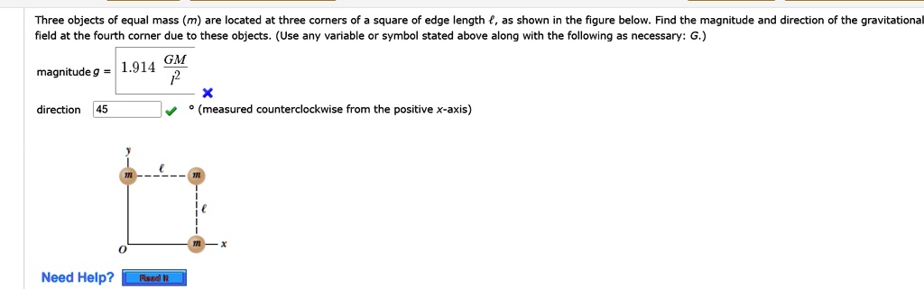 SOLVED: Please help me find the magnitude! Three objects of equal mass ...