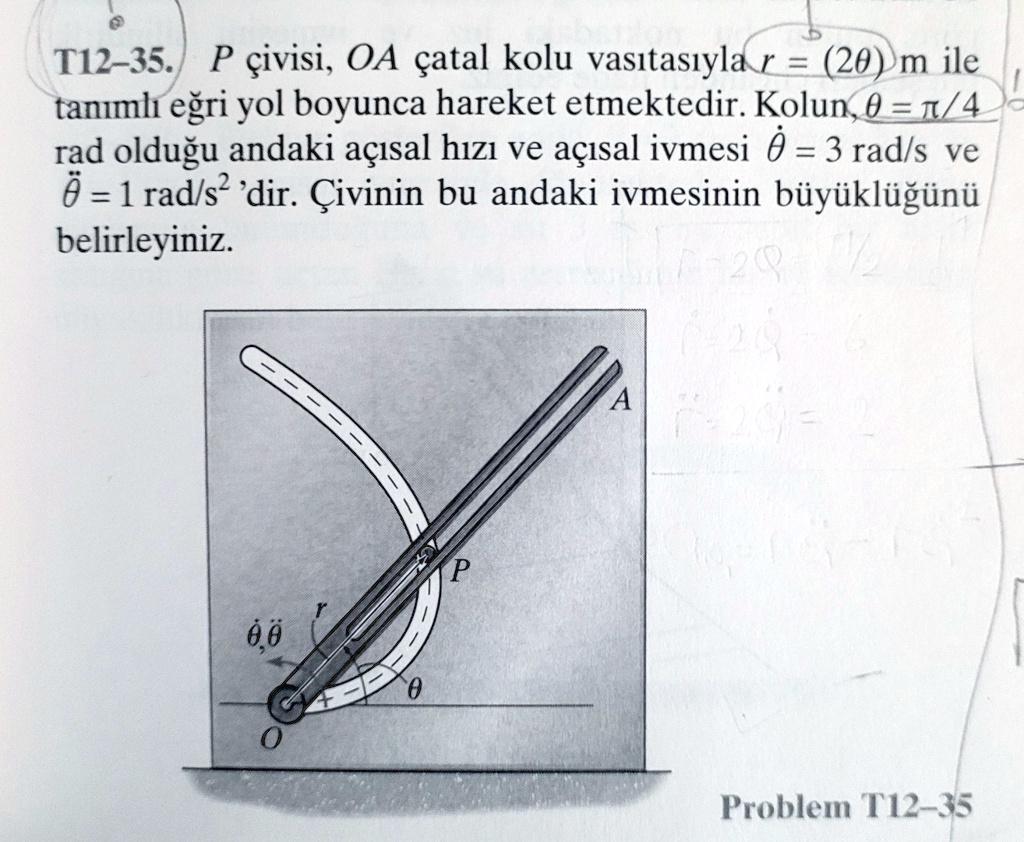 t12 35 p civisi oa catal kolu vastasyla r 2theta m ile tanml egri yol boyunca hareket etmektedir kolun theta pi4 rad oldugu andaki acsal hz ve acsal ivmesi dottheta 3 rads ve ddottheta 1 rad 29323