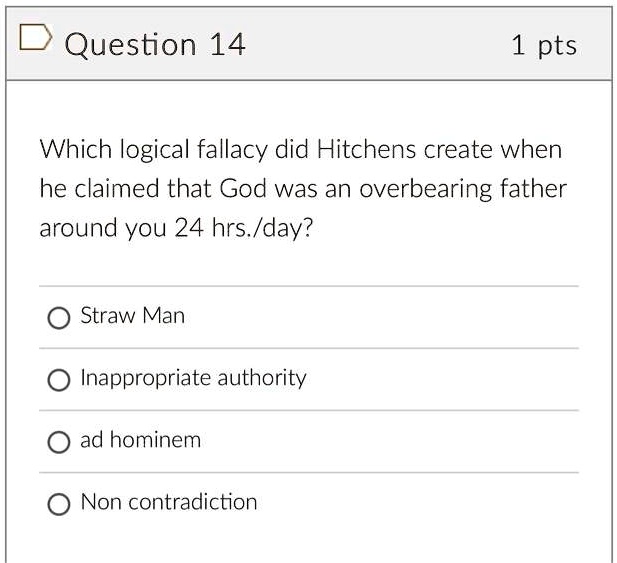 Question 14 1 pts Which logical fallacy did Hitchens create when he ...