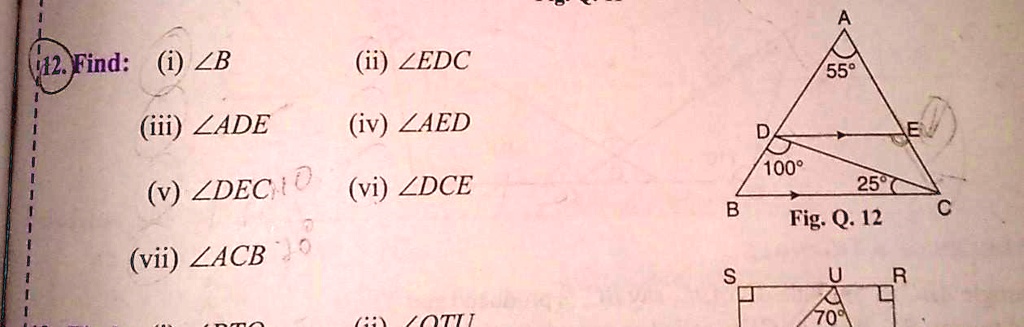 12. Find: (i) ∠B
(ii) ∠EDC
(iii) ∠ADE
(iv) ∠AED
(v) ∠DEC
(vi) ∠DCE
(vii) ∠ACB