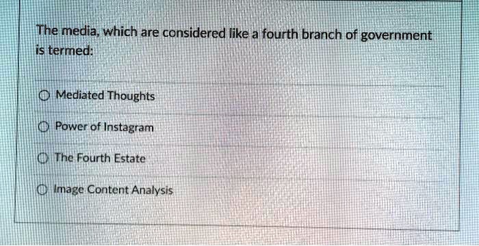 The media, which are considered like a fourth branch of government
is termed:
Mediated Thoughts
Power of Instagram
The Fourth Estate
Image Content Analysis
