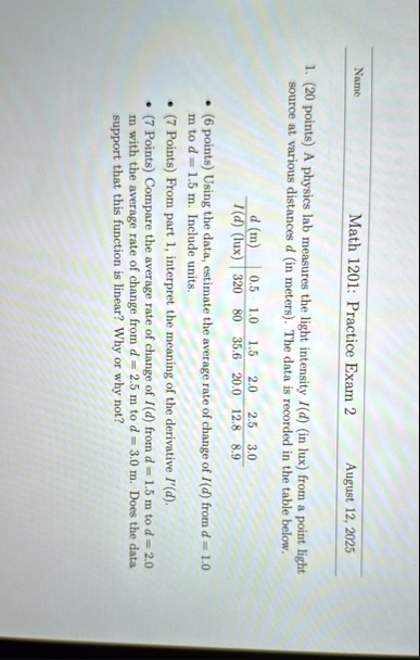 name math 1201 practice exam 2 august 12 2025 1 20 points a physics lab measures the light intensity id in lux from a point light source at various distances d in meters the data is recorded 47885