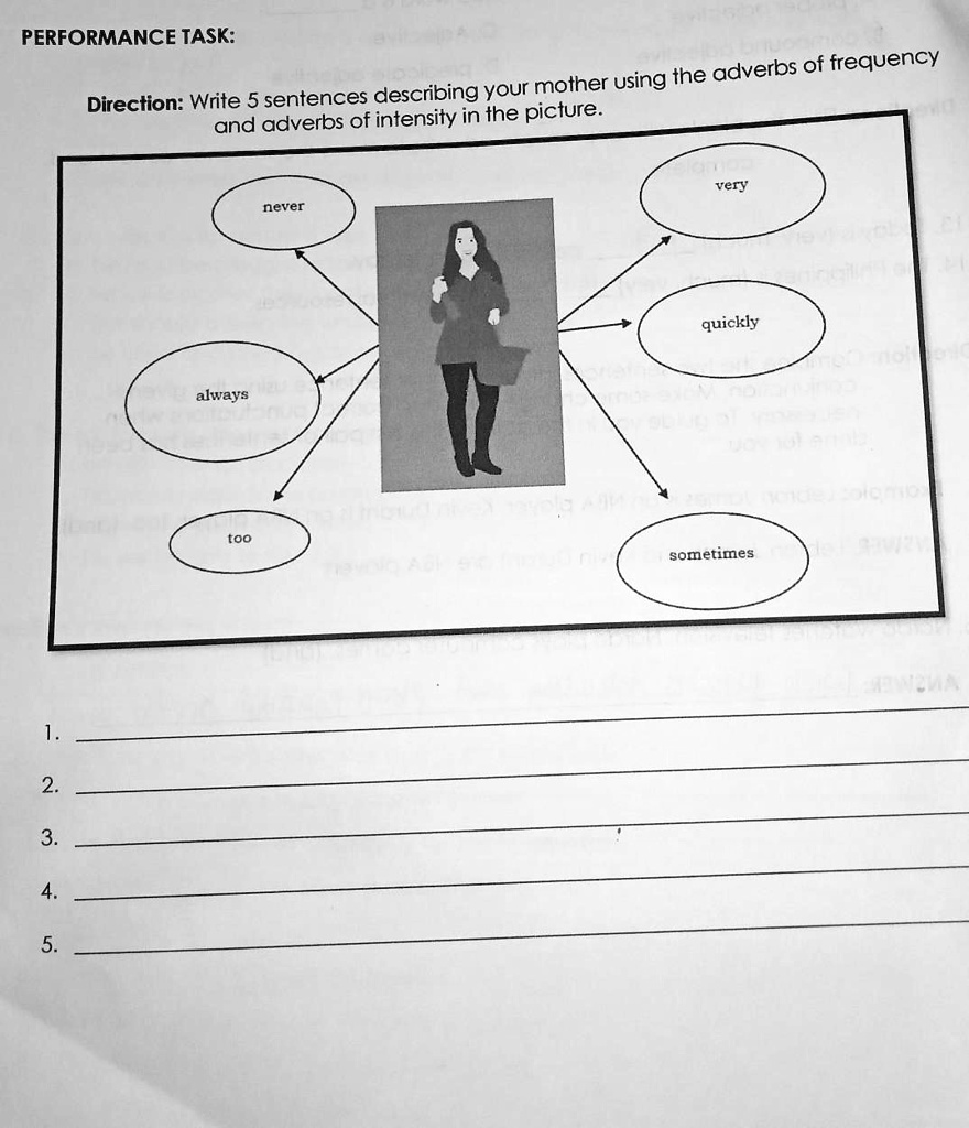 direction write 5 sentences describing your mother using the adverbs of frequency and adverbs of intensity in the picturepa help po performance task using the adverbs of frequency direction  48757