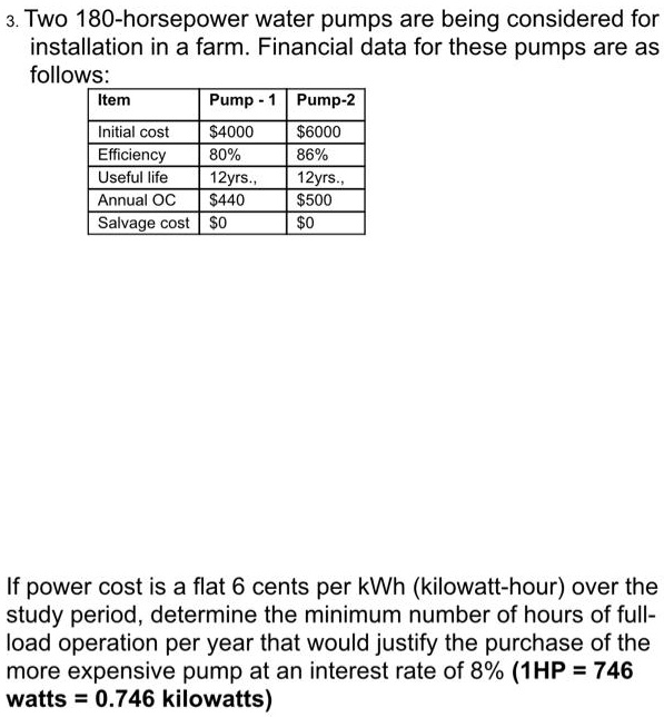 SOLVED 3. Two 180horsepower water pumps are being considered for