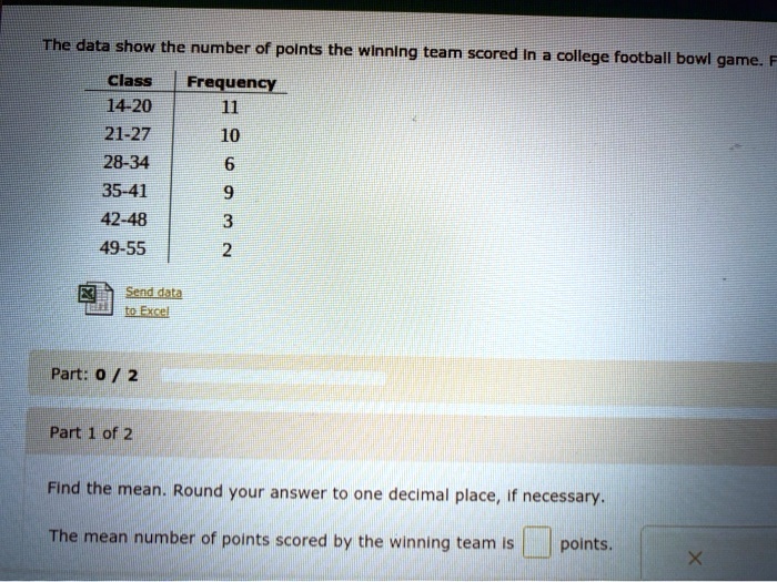 Solved The Data Show The Number Of Polnts The Winning Team Scored In 2 College Football Bowl Game Class Frequengy 414 21 27 10 28 34 35 41 42 48 49 55 Srddn Iexcel Part 0 2