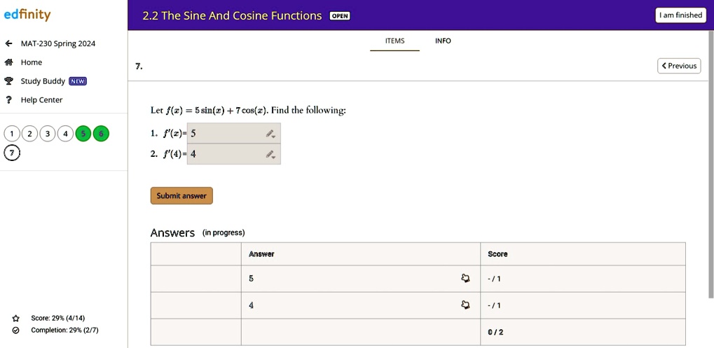 Edfinity Python Problem Extra Parts let fx 5sinx 7cosx find the following fx f4 answers in progress ...