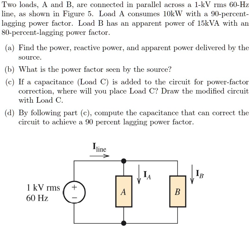 SOLVED: Two loads, A and B, are connected in parallel across a 1-kV rms ...