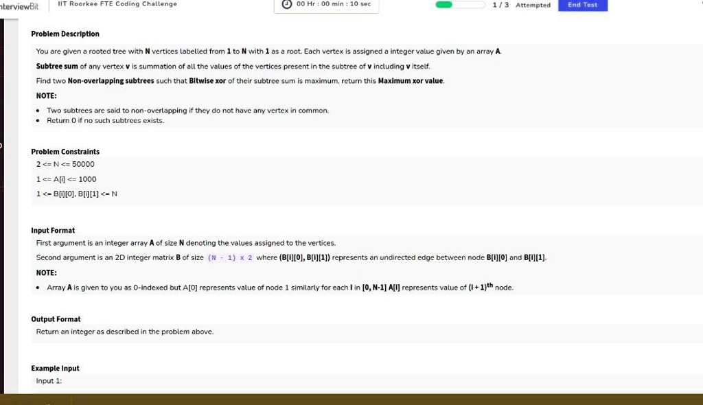SOLVED: InterviewBit IIT Roorkee FTE Coding Challenge 00 Hr:00min:10 ...