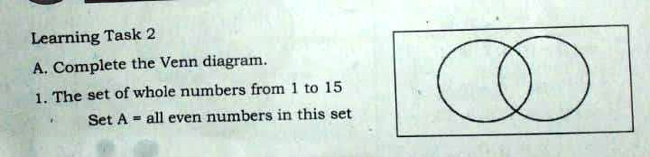 SOLVED: '1. the set of whole number from 1 to 15 Set A = all even ...