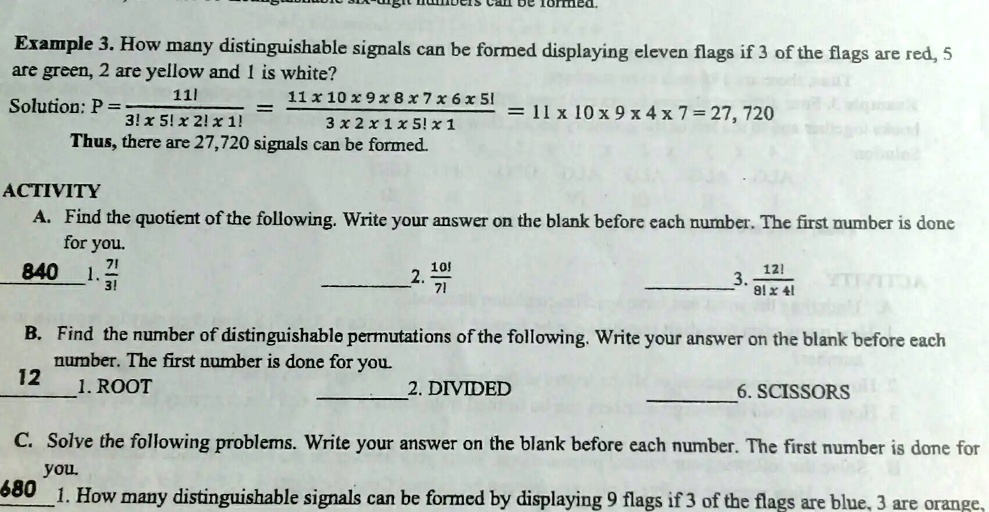 tonfeu example 3 how many distinguishable signals can be formed displaying eleven flags if 3 of the flags are red 5 are green 2 are yellow and is white 11 solution p i1109x 87x6x 51 3x sx 2i 58337