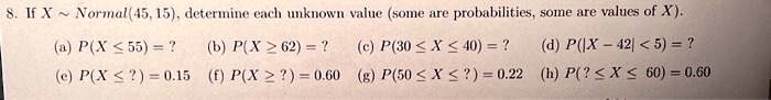 8. If X ∼ Normal(45, 15), determine each unknown value (some are probabilities, some are values of X).
(a) P(X ≤ 55) = ?
(b) P(X ≥ 62) = ?
(c) P(30 ≤ X ≤ 40) = ?
(d) P(|X - 42| < 5) = ?
(e) P(X ≤ ?) = 0.15
(f) P(X ≥ ?) = 0.60
(g) P(50 ≤ X ≤ ?) = 0.22
(h) P(? ≤ X ≤ 60) = 0.60