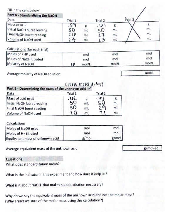 SOLVED: Part A - Standardizing the NaOH Data Mass of KHP Initial NaOH