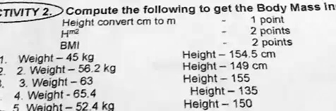 SOLVED TIvITY 2 Compute the following to get the Body Mass Index