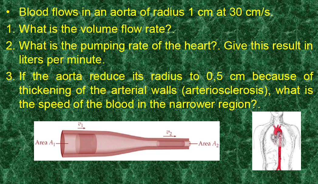 Blood flows in an aorta of radius ( 1 mathrm cm ) at ( 30 mathrm cm / mathrms )
1. What is the volume flow rate?
2. What is the pumping rate of the heart? Give this result in liters per minute.
3. If the aorta reduce its radius to ( 0,5 mathrm cm ) because of thickening of the arterial walls (arteriosclerosis), what is the speed of the blood in the narrower region?