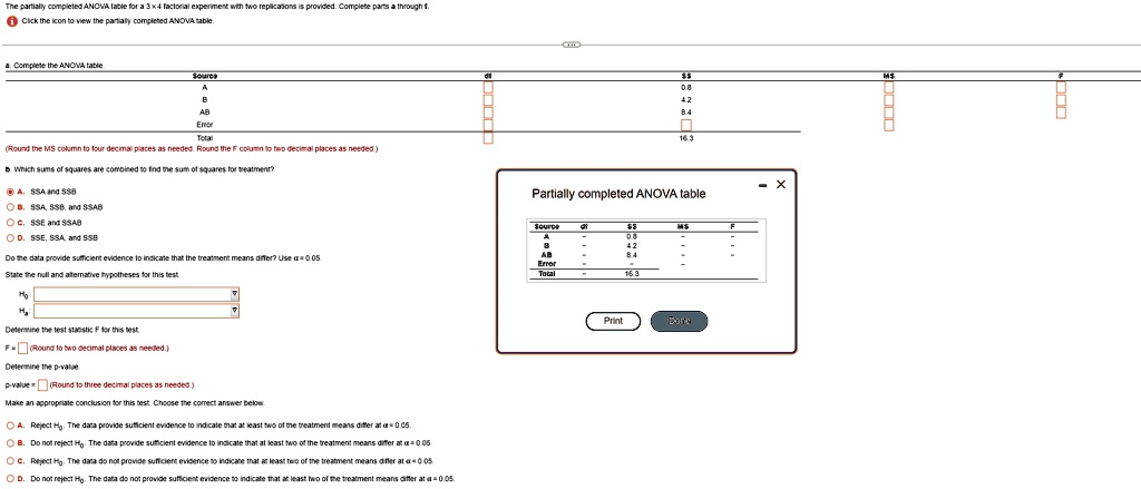 The partially completed ANOVA table for a 3 ×4 factorial...