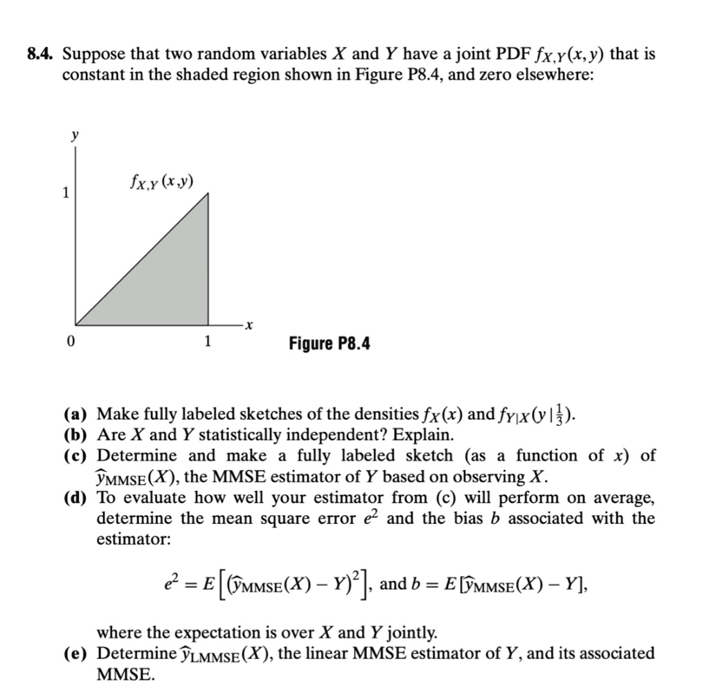 8.4. Suppose that two random variables X and Y have a joint PDF fX,Y(x,y) that is constant in the shaded region shown in Figure P8.4, and zero elsewhere:

y
1
fX,Y(x,y)
0
1
x
Figure P8.4

(a) Make fully labeled sketches of the densities fX(x) and fY|X(y | 1/3).
(b) Are X and Y statistically independent? Explain.
(c) Determine and make a fully labeled sketch (as a function of x) of ?MMSE(X), the MMSE estimator of Y based on observing X.
(d) To evaluate how well your estimator from (c) will perform on average, determine the mean square error e^2 and the bias b associated with the estimator:
e^2 = E [(?MMSE(X) - Y)^2], and b = E [?MMSE(X) - Y],
where the expectation is over X and Y jointly.
(e) Determine ?LMMSE(X), the linear MMSE estimator of Y, and its associated MMSE.