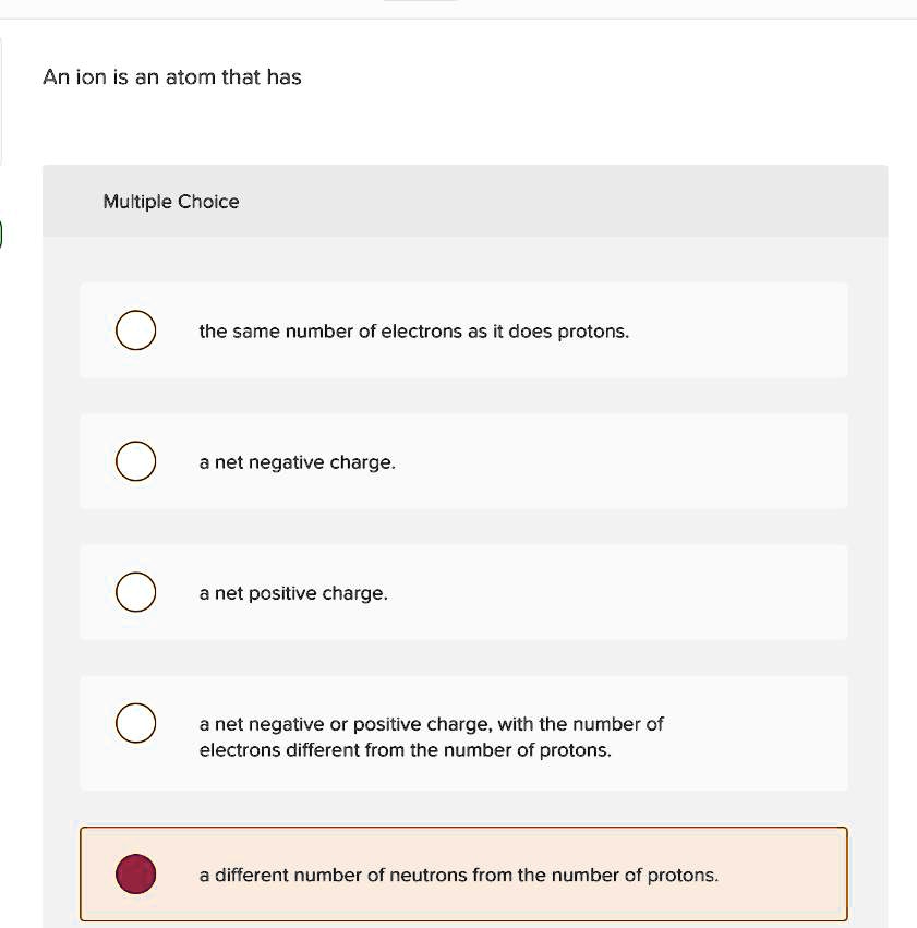 SOLVED An ion is an atom that has Multiple Choice the same number of