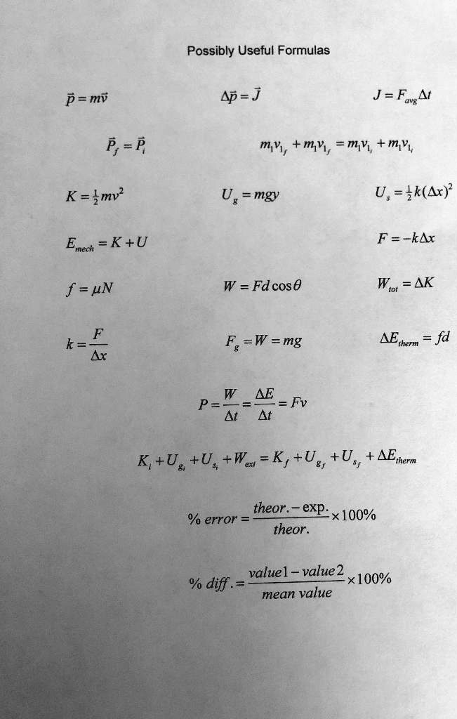 Solved Possibly Useful Formulas P Mv J Fagat P P Mviy Mvi Mv M V K Fmv Ug Mgy U K Ar E K U Mech F Kax F Pn W Fdcos W Ak K F Ax