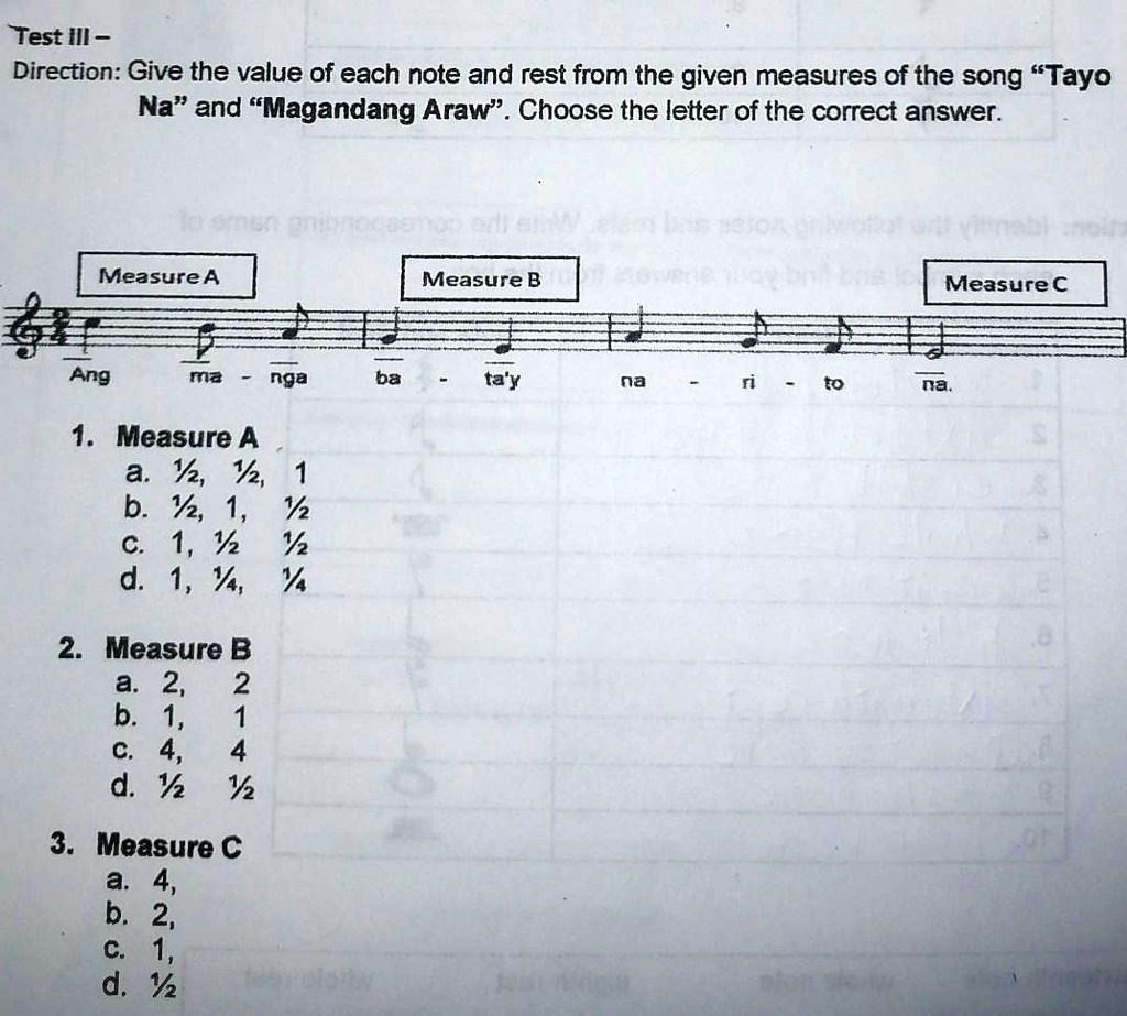 Seven Measure Rest Note direction give the value of each note and rest from the given measures ...