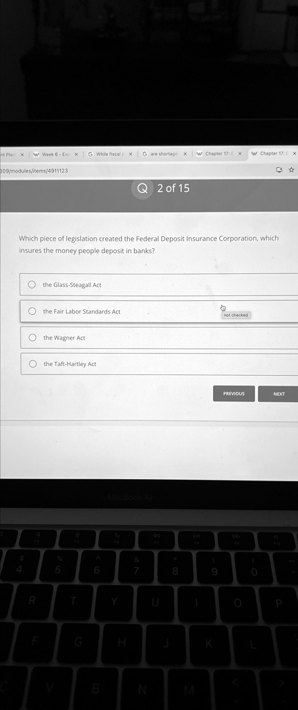 Which piece of legislation created the Federal Deposit Insurance Corporation, which
insures the money people deposit in banks?
the Glass-Steagall Act
the Fair Labor Standards Act
the Wagner Act
the Taft-Hartley Act