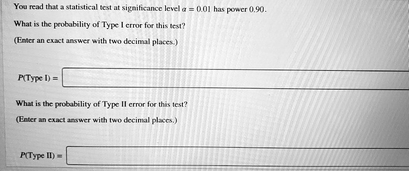 You read that a statistical test at significance level alpha = 0.01 has power 0.90.
What is the probability of Type I error for this test?
(Enter an exact answer with two decimal places.)
P(Type I) =
What is the probability of Type II error for this test?
(Enter an exact answer with two decimal places.)
P(Type II) =