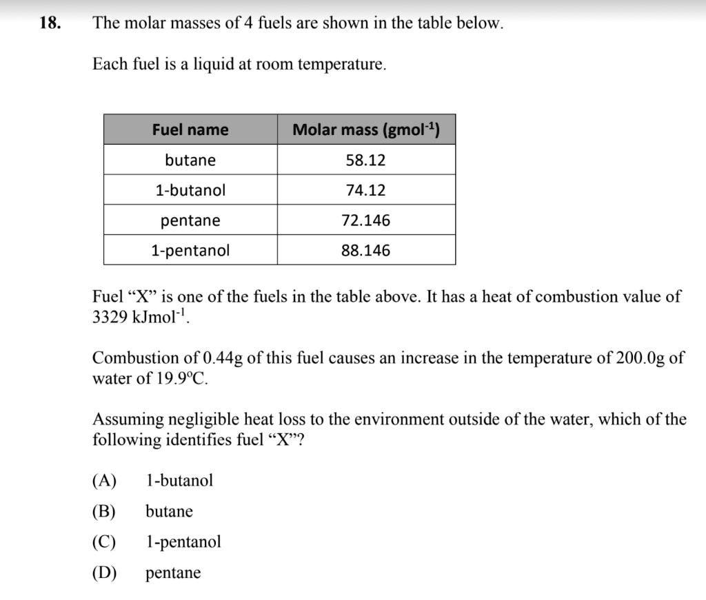 18.The molar masses of 4 fuels are shown in the table… SolvedLib