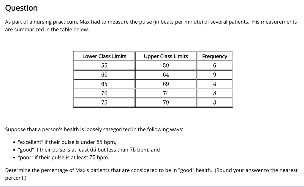 Question
As part of a nursing practicum, Max had to measure the pulse (in beats per minute) of several patients. His measurements
are summarized in the table below.
Lower Class Limits
Upper Class Limits
Frequency
55
59
6
60
64
9
65
69
4
70
74
8
75
79
3
Suppose that a person's health is loosely categorized in the following ways:
•"excellent" if their pulse is under 65 bpm,
•"good" if their pulse is at least 65 but less than 75 bpm, and
•"poor" if their pulse is at least 75 bpm.
Determine the percentage of Max's patients that are considered to be in good health. (Round your answer to the nearest
percent.)