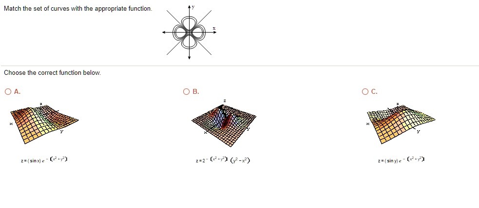 Match the set of curves with the appropriate function.
Choose the correct function below.
A. z = (sin x) e^-(x^2 + y^2)
B. z = 2^-(x^2 + y^2) (y^2 - x^2)
C. z = (sin y) e^-(x^2 + y^2)