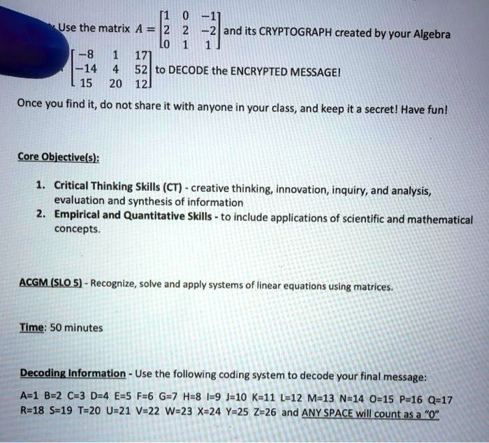 Solved Use The Matrix A 2 2 And Its Cryptograph Created By Vour Algebra 8 14 52 To Decode The Encrypted Messagei 15 12 Once You Find It Do Not Share It