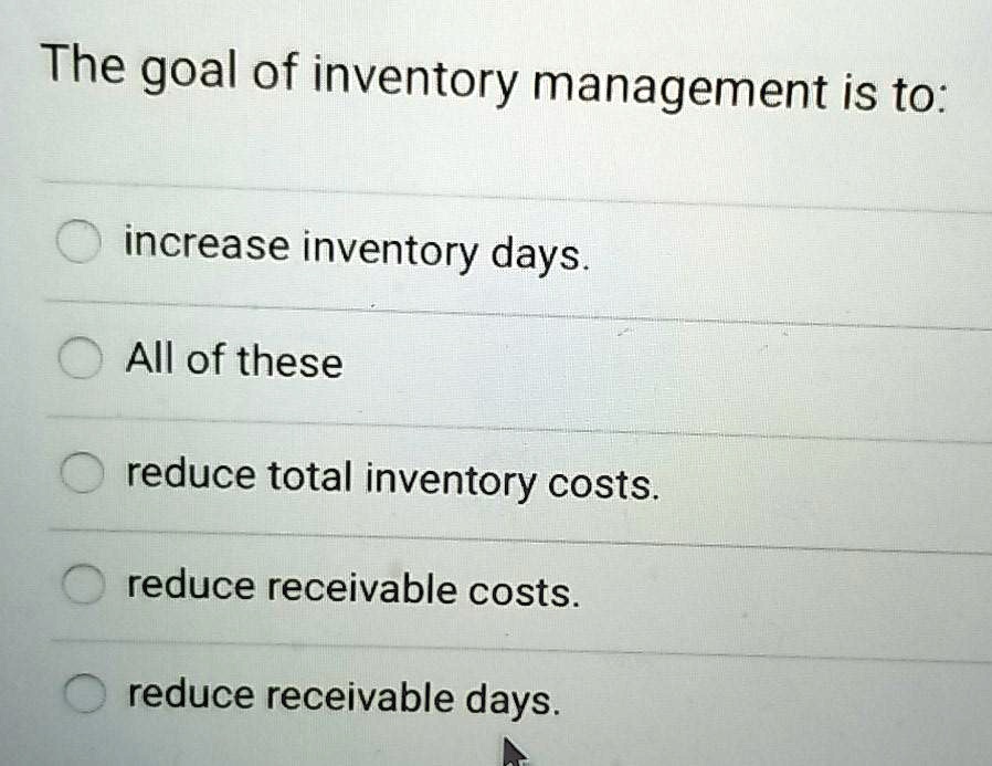 SOLVED The goal of inventory management is to increase inventory days