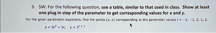 3. SW: For the following question, use a table, similar to that used in class. Show at least
one plug in step of the parameter to get corresponding values for x and y.
For the given parametric equations, find the points (x, y) corresponding to the parameter values t = -2, -1, 0, 1, 2.
x = 5t^2 + 5t, y = 3^t + 1