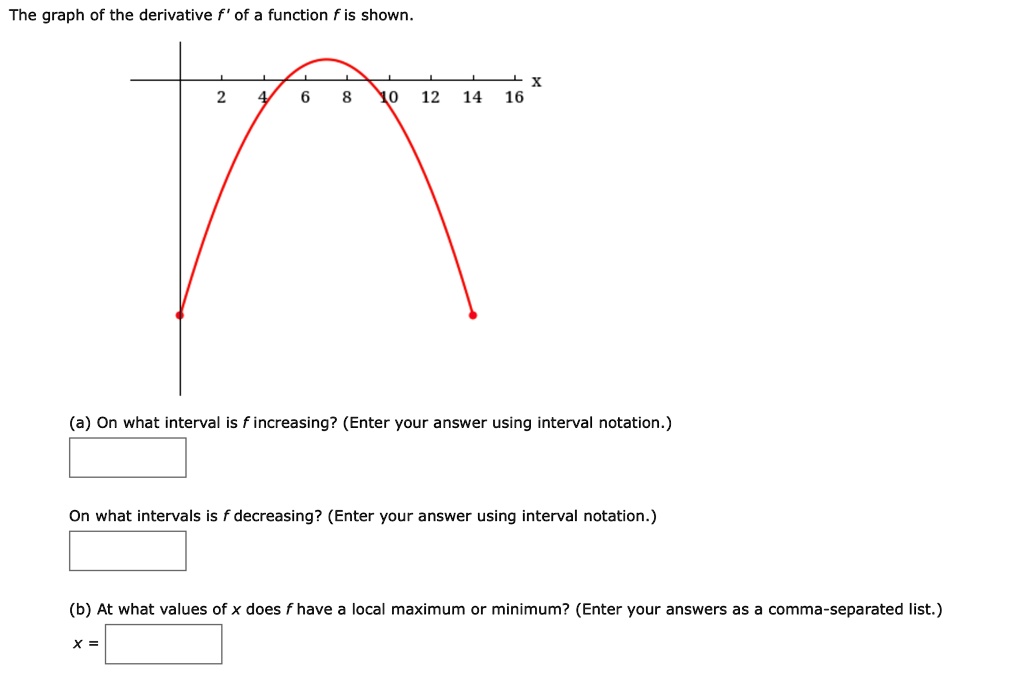 The graph of the derivative f' of a function f is shown.
x
2 4 6 8 10 12 14 16
(a) On what interval is f increasing? (Enter your answer using interval notation.)
On what intervals is f decreasing? (Enter your answer using interval notation.)
(b) At what values of x does f have a local maximum or minimum? (Enter your answers as a comma-separated list.)
x =