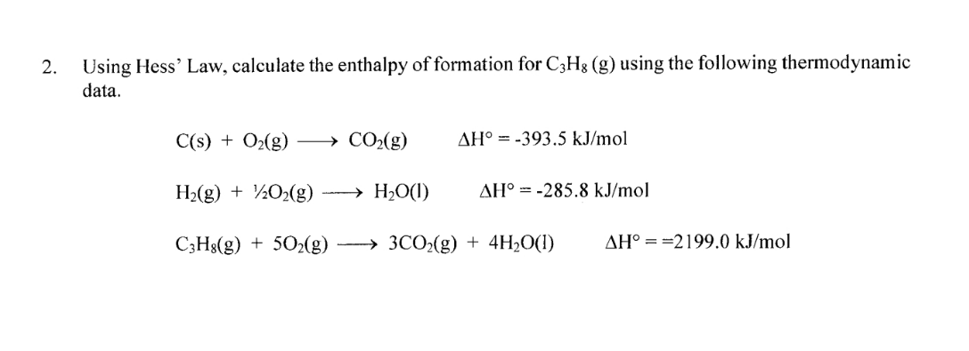 SOLVED: 2. Using Hess' Law, calculate the enthalpy of formation for ...