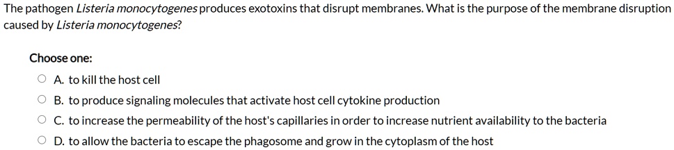 The pathogen Listeria monocytogenes produces exotoxins that disrupt membranes. What is the purpose of the membrane disruption caused by Listeria monocytogenes?

Choose one:
A. to kill the host cell
B. to produce signaling molecules that activate host cell cytokine production
C. to increase the permeability of the host's capillaries in order to increase nutrient availability to the bacteria
D. to allow the bacteria to escape the phagosome and grow in the cytoplasm of the host