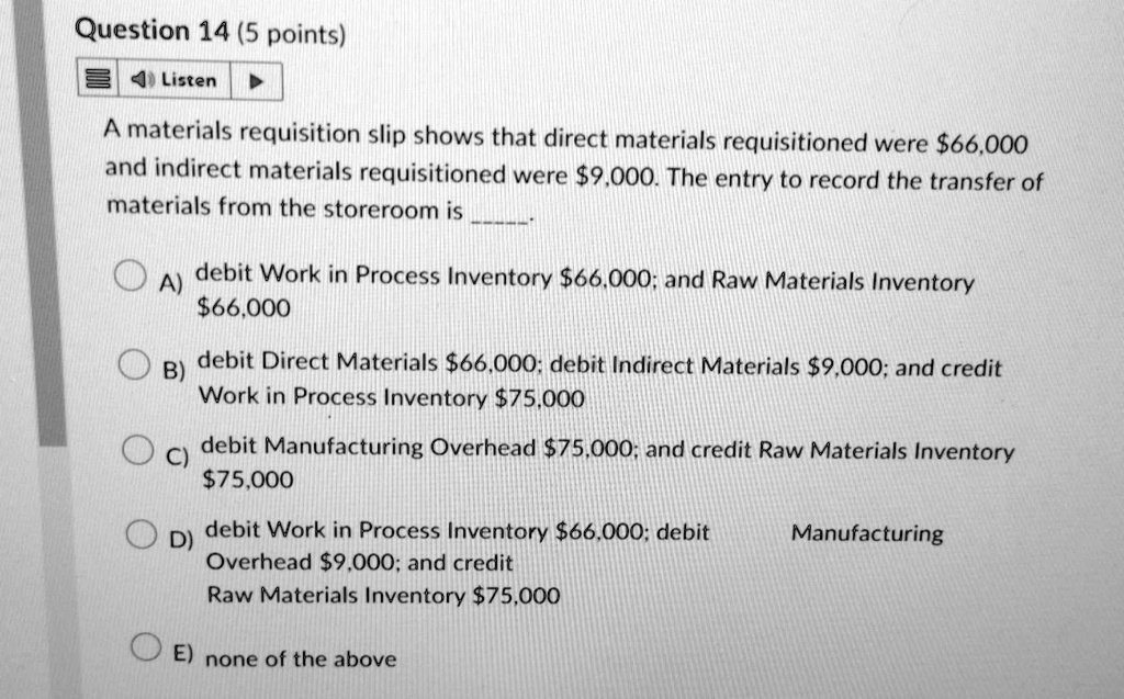 SOLVED A materials requisition slip shows that direct materials