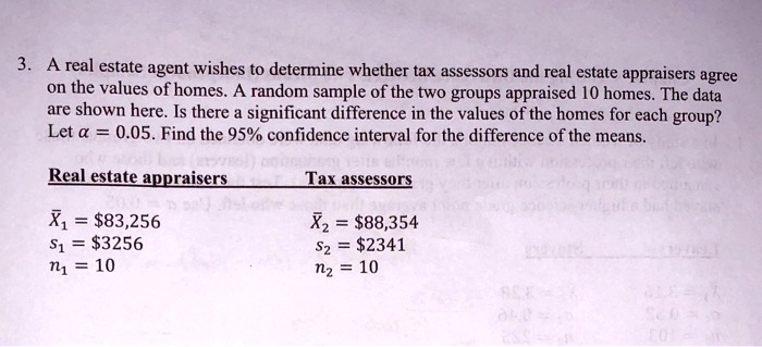 3. A real estate agent wishes to determine whether tax assessors and real estate appraisers agree on the values of homes. A random sample of the two groups appraised 10 homes. The data are shown here. Is there a significant difference in the values of the homes for each group? Let ? = 0.05. Find the 95% confidence interval for the difference of the means.

Real estate appraisers
?1 = 83,256
s1 =3256
n1 = 10

Tax assessors
?2 = 88,354
s2 =2341
n2 = 10