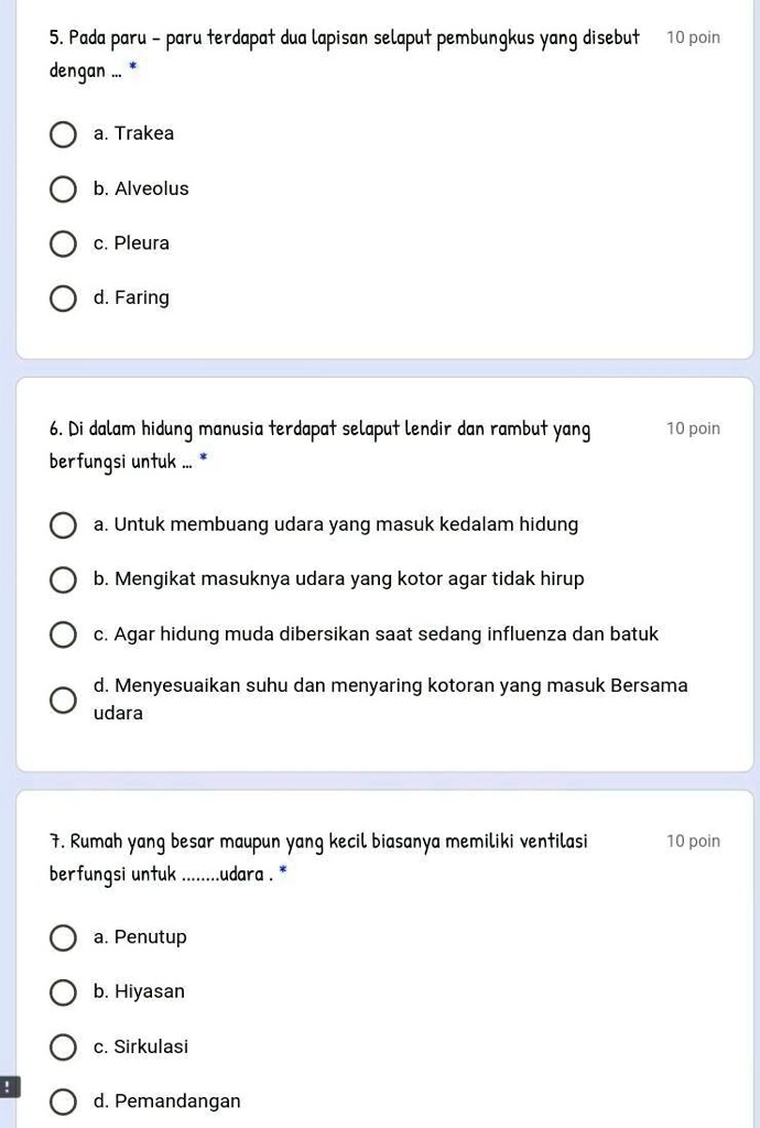 SOLVED: jawab cepat ya kak!!! 5. Pada paru paru terdapat dua lapisan ...