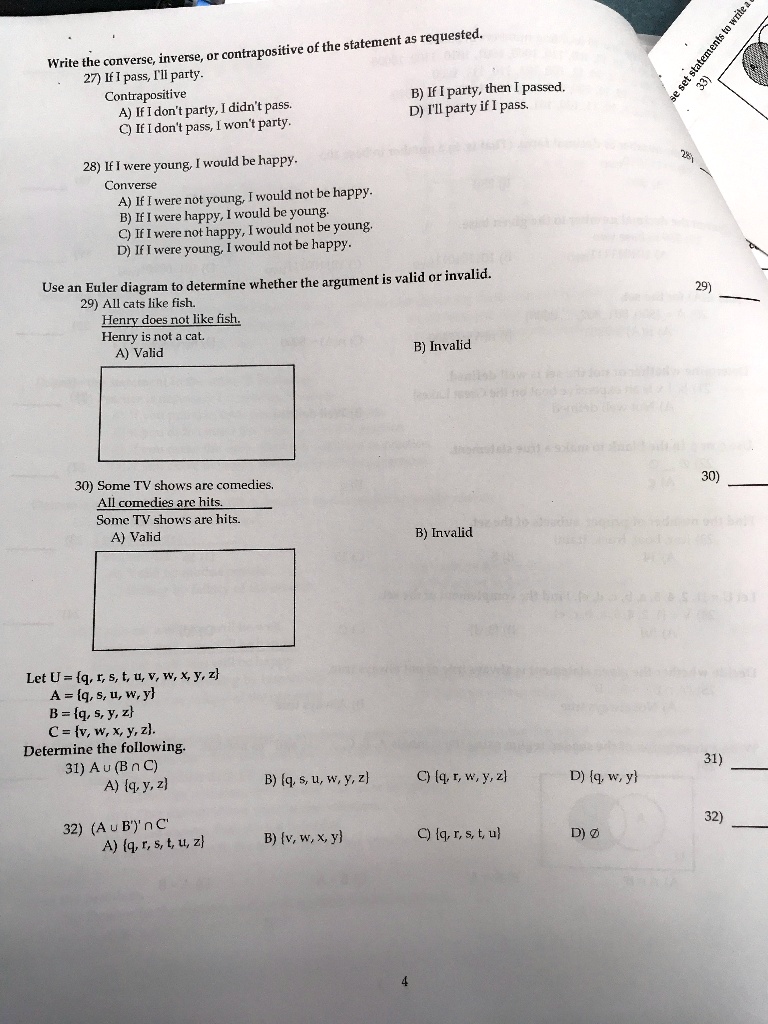 Solved Stalement Requested Contrspositive Of The Write The Conversc Inverse 27 If I Pass Il Party Contrapositive B If Iparty Then I Passed Didn Pass D Tll Party Ifi Pass